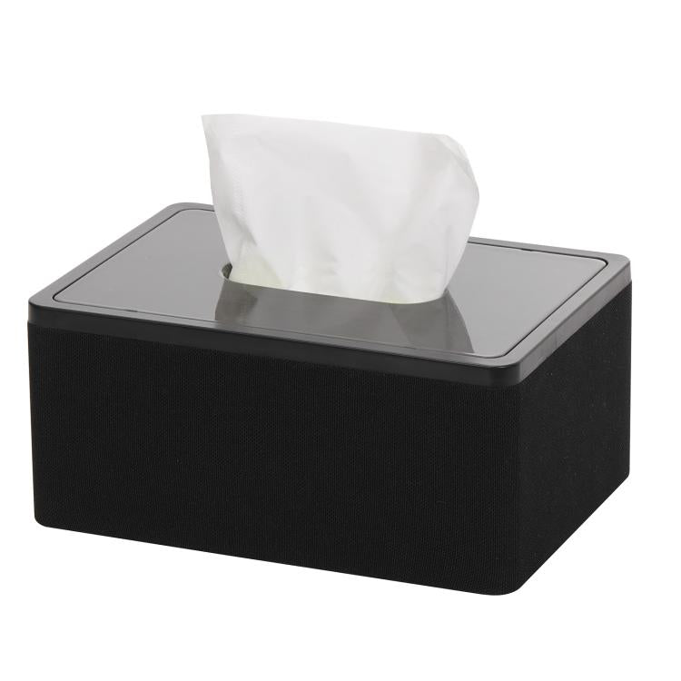 Black sound privacy device with white tissue emerging from top opening