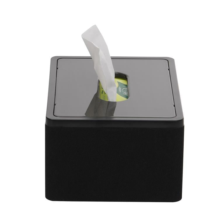 Black sound privacy device with open top and tissue partially inserted