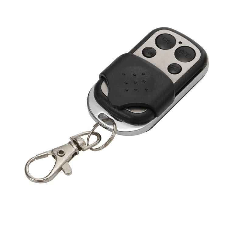 Black remote key fob with button controls and metal keyring