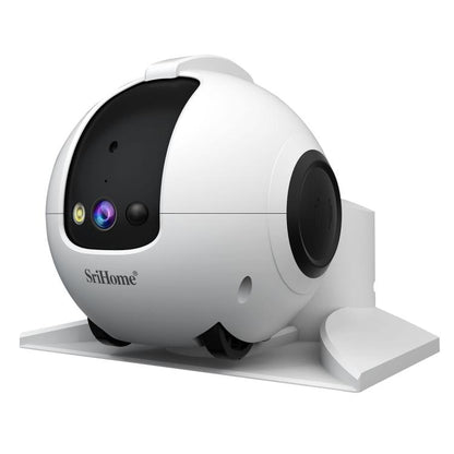 Smart pet robot camera with charging dock, white body and black camera lens panel