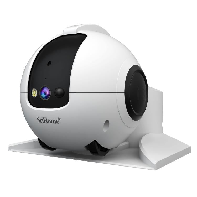Smart pet robot camera with auto-charging dock, white housing and dark lens section