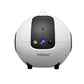 Smart pet robot camera front view, white shell with black sensor panel and lens