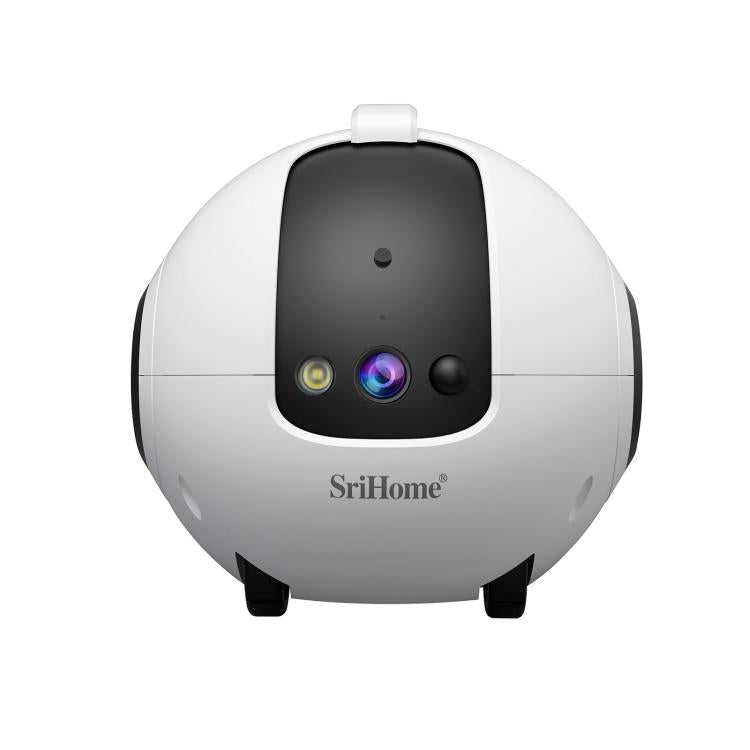 Smart pet robot camera front view, white shell with black sensor panel and lens