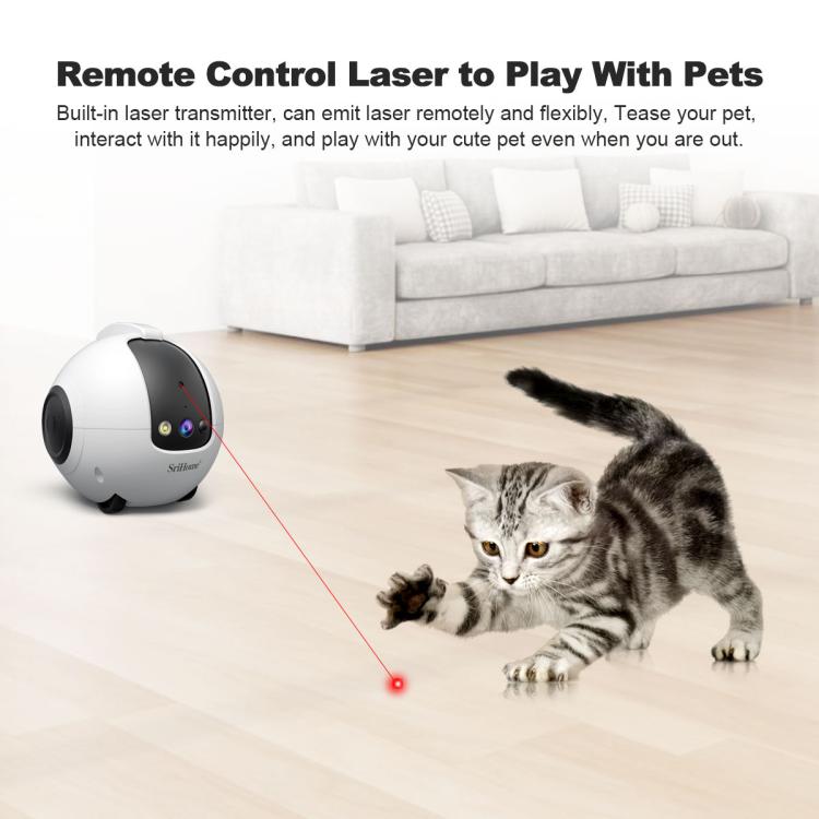 Smart pet robot camera with built-in laser for pet play, white and dark gray