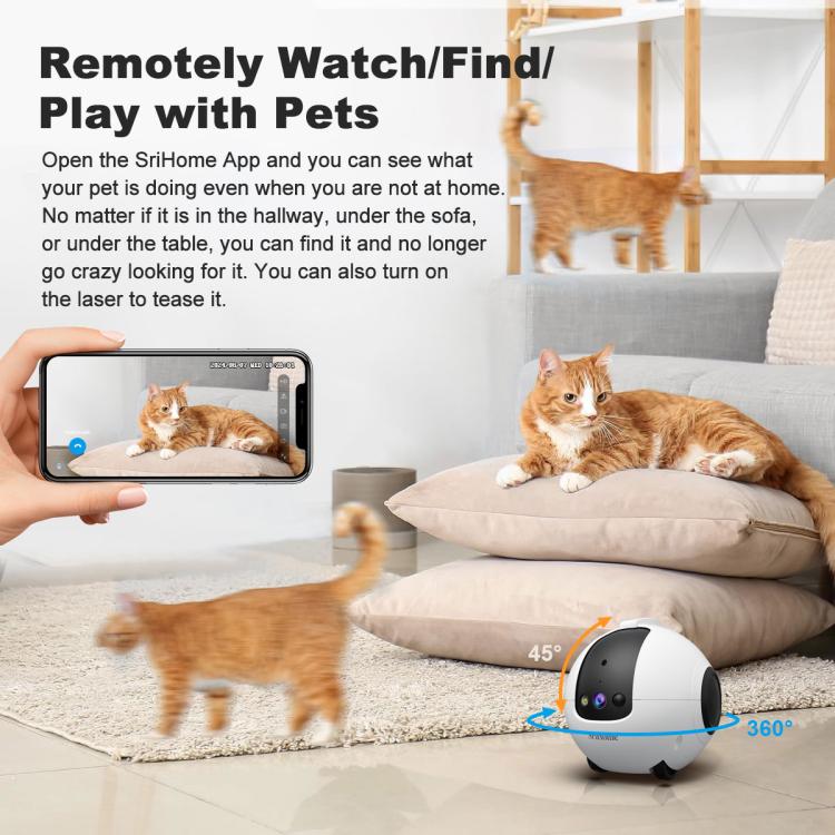 Smart pet robot camera for remote viewing and 360-degree movement, white and dark gray