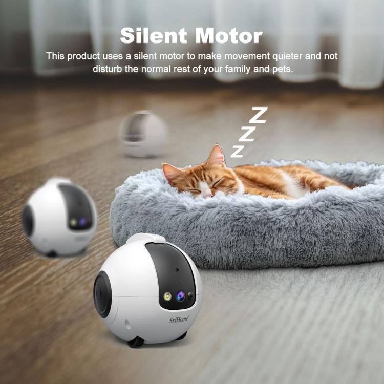 Smart pet robot camera with quiet motor, white and dark gray with soft indicator lights