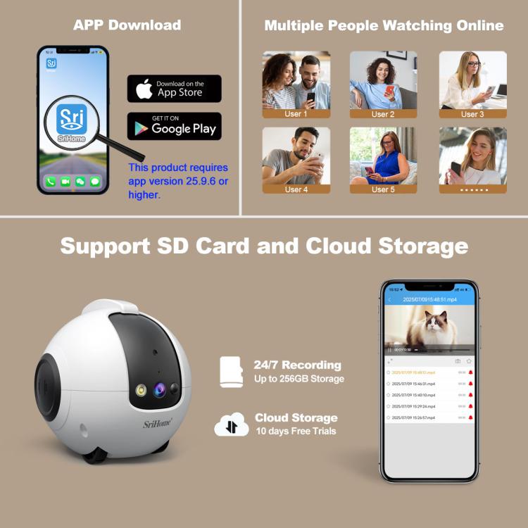 Smart pet robot camera with SD card and cloud storage recording, white and dark gray