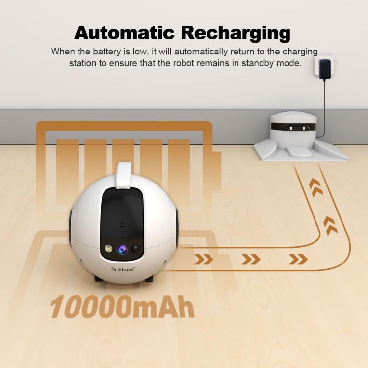 White robot pet camera with black top and auto-charging dock base