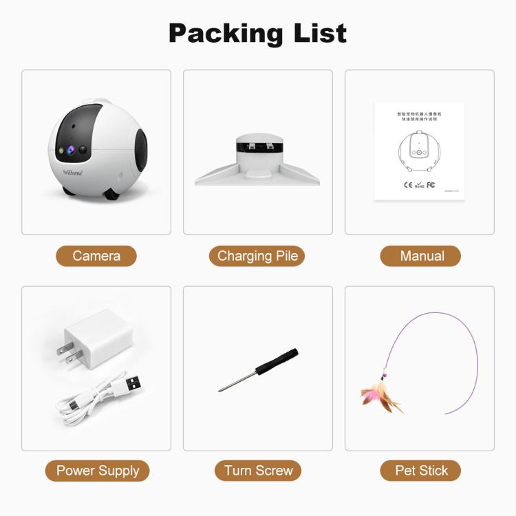 Smart robot camera packing kit: charging dock, power supply, manual, pet stick and screw tool
