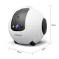 Smart pet robot camera with dimensions, white body and black front sensor area