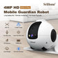 Smart pet robot camera on dock, white shell with black camera module and lens
