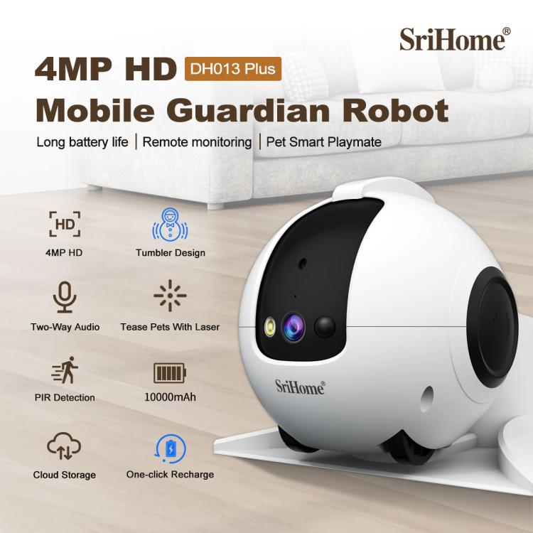 Smart pet robot camera on dock, white shell with black camera module and lens