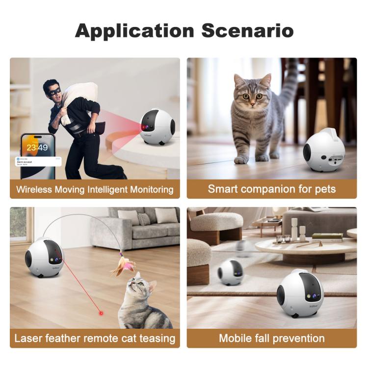 Smart pet robot camera in home setting, white spherical body with front lens