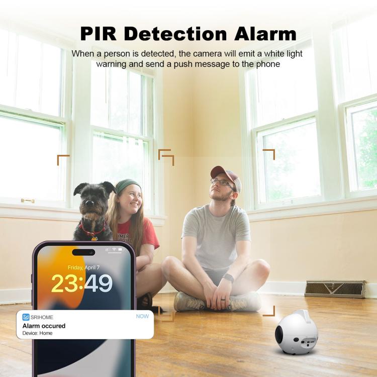 Smart pet robot camera with motion alert indicator light, white and dark gray