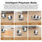 Smart pet robot camera in spinning play motion, white and dark gray body
