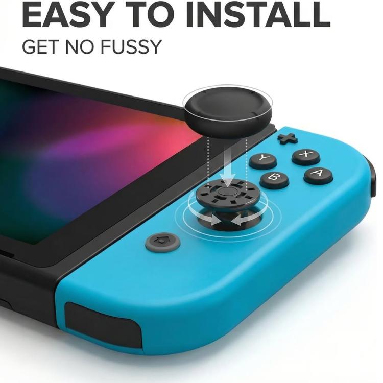 Black joystick thumb grip cap fitted on a blue game controller thumbstick