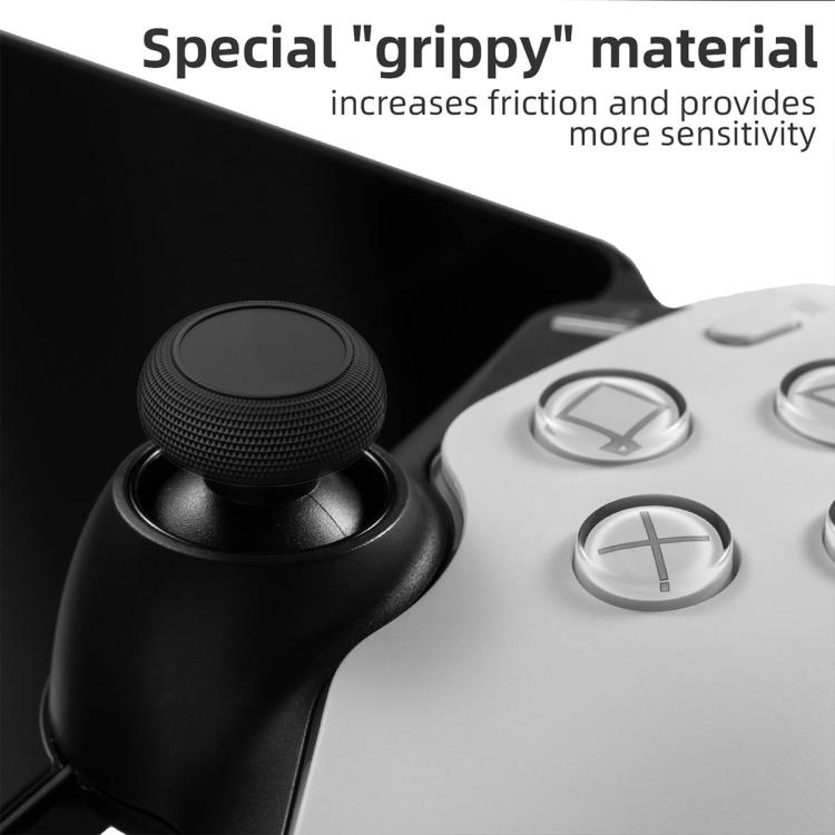 Textured black thumb grip cap on controller joystick with matching top ring