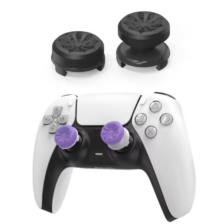 Two-piece thumbstick extender caps with anti-slip textured grips in black and purple
