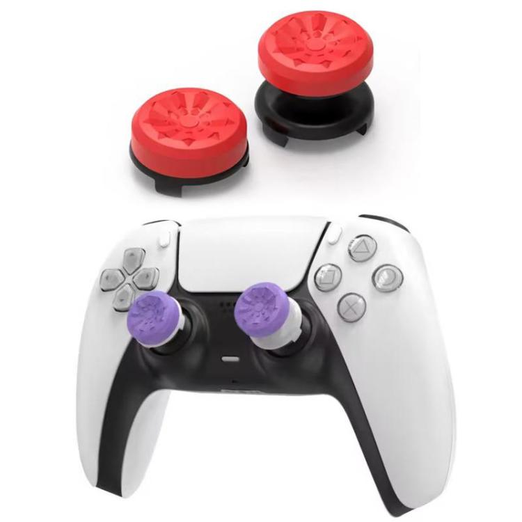 Two-piece thumbstick extender caps with anti-slip textured grips in red and purple
