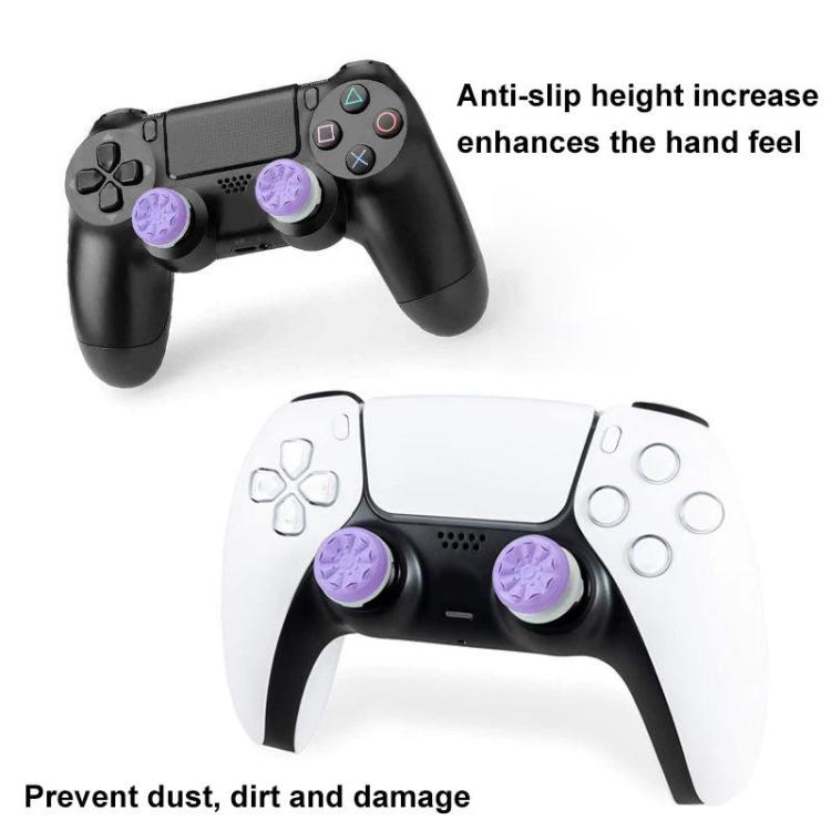 Thumbstick extender caps with anti-slip textured grips, purple on game controller