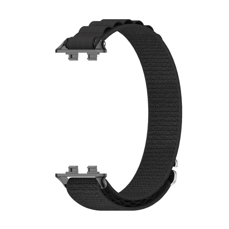 Black woven nylon watch band shown alone with its attachment connectors.
