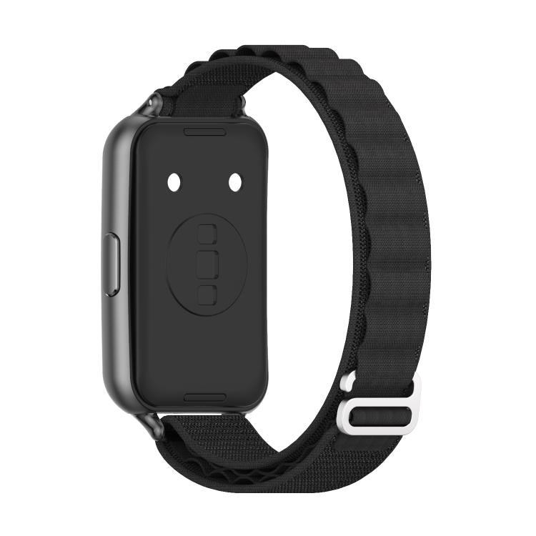 Black woven nylon watch band shown from the underside with its metal loop clasp.