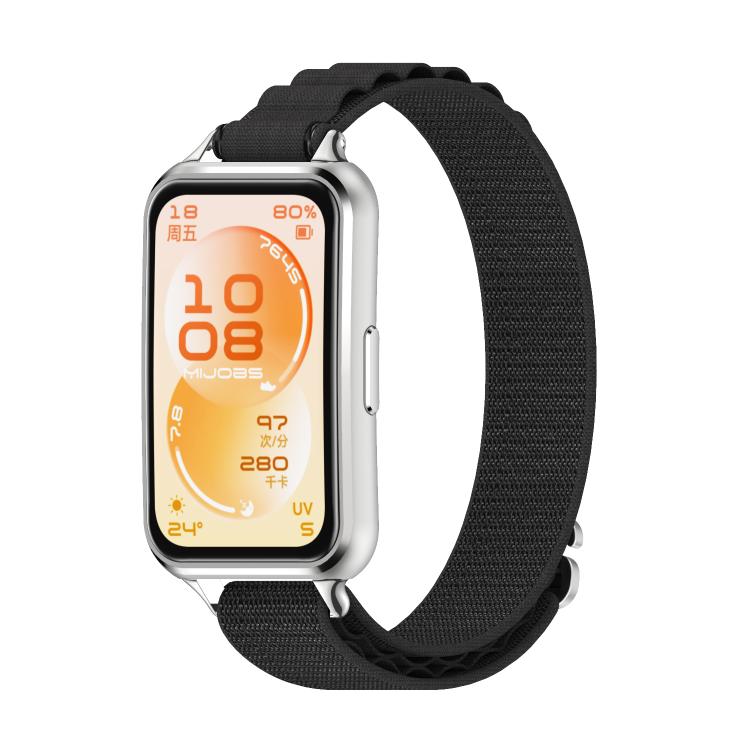 Black woven nylon watch band fitted to a silver smartwatch with a light display frame.