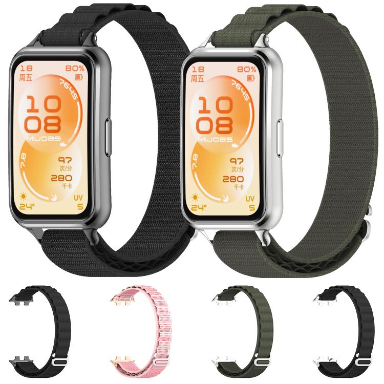 Woven nylon watch bands in black and olive green shown on silver smartwatches.