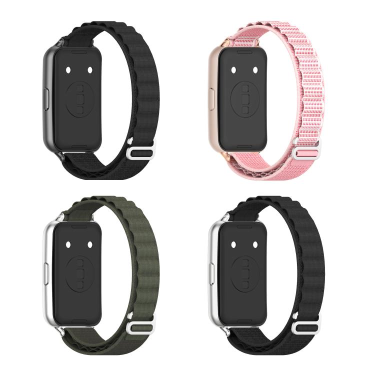 Four woven nylon watch bands shown from the underside in black, pink, and olive green.