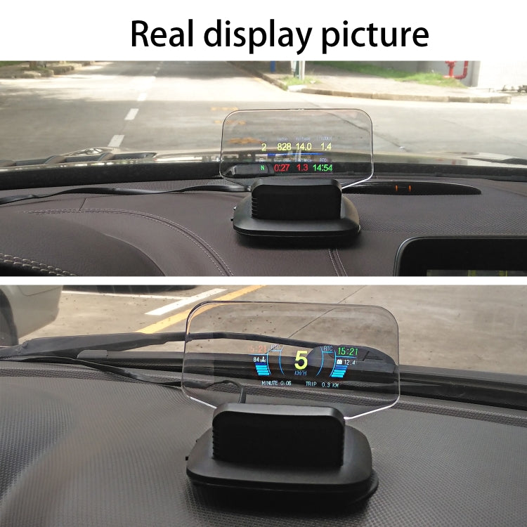 Car HUD with transparent screen and black mount, shows speed/compass data