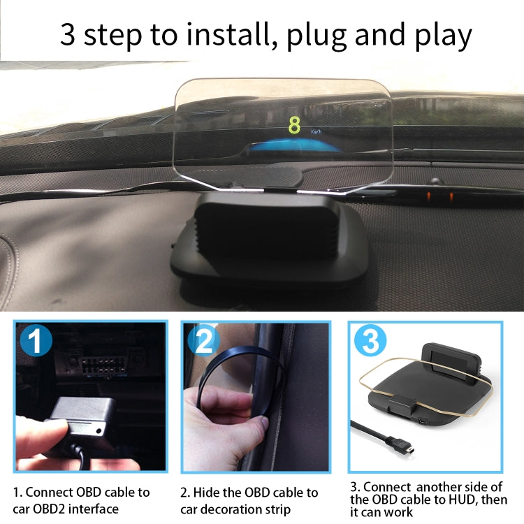 Car HUD head-up display with black base and clear panel, ready for OBD plug installation
