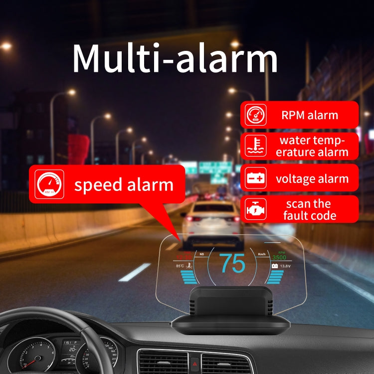 Car HUD head-up display with multi-alarm indicators for speed, RPM, and voltage