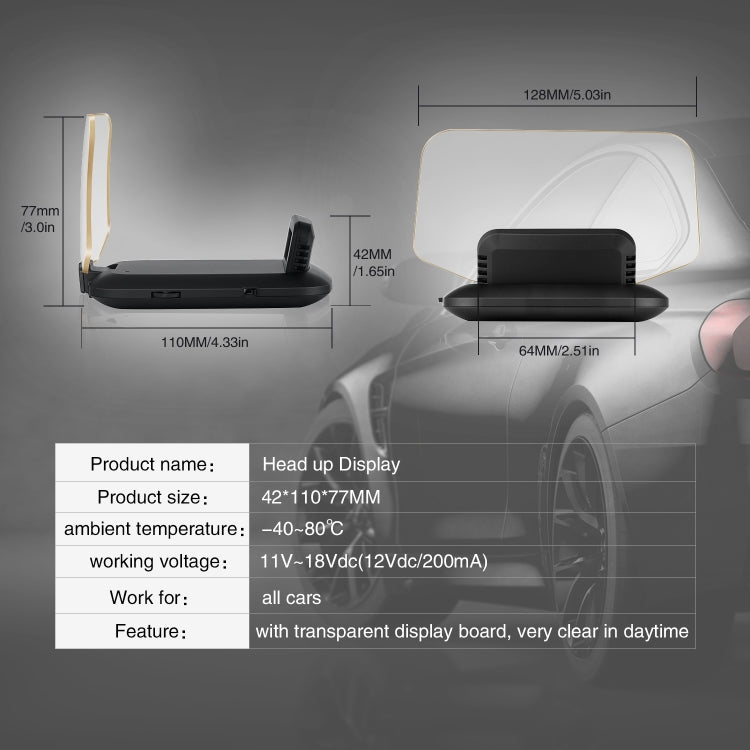 Head-up display HUD unit with size measurements and electrical specifications