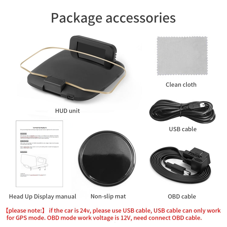 HUD package accessories: head-up display, clean cloth, USB cable, OBD cable, non-slip mat
