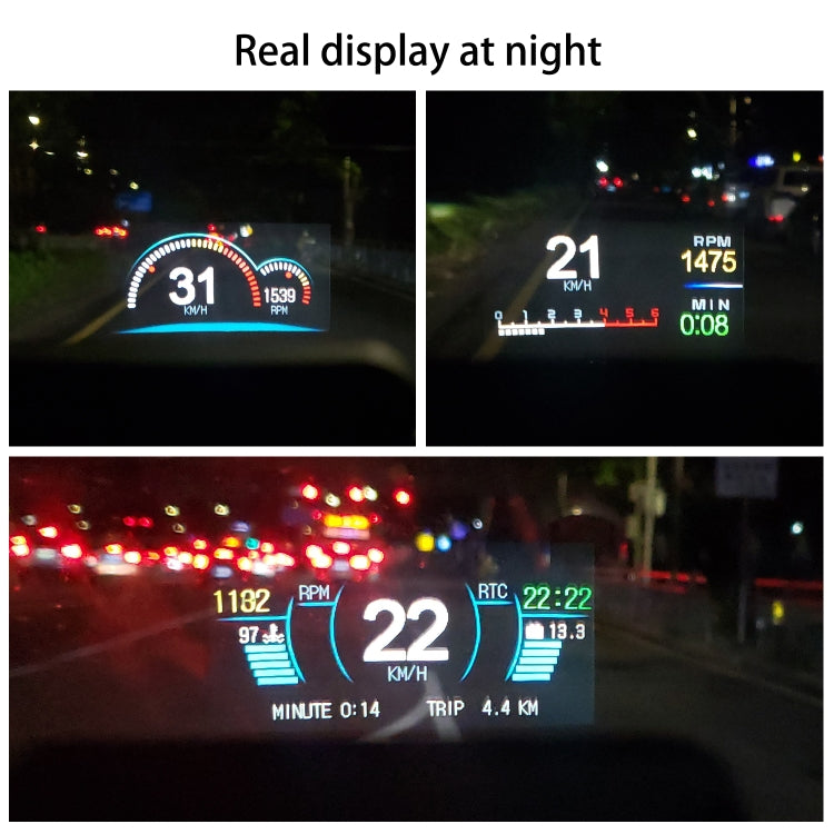 Night view of car head-up display HUD with speed, RPM, and trip data
