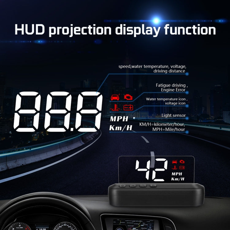C100 car HUD projection display unit showing MPH/Km/h and red function warning icons