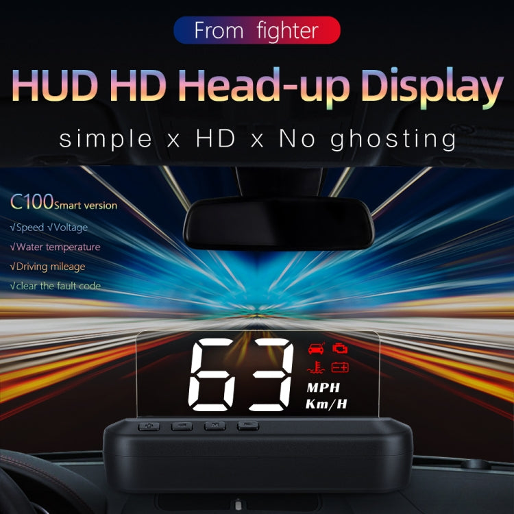 C100 car HUD head-up display with large white speed digits and red fault symbols