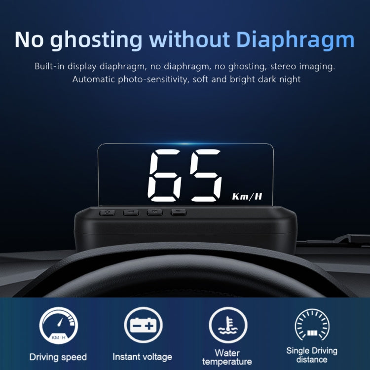 C100 car HUD head-up display showing 65 km/h readout and four feature icons