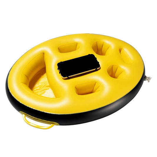 Yellow PVC inflatable floating tray with built-in phone holder and raised storage wells