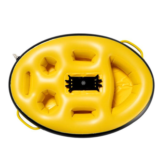 Yellow and black PVC inflatable floating tray with molded phone holder and device slot