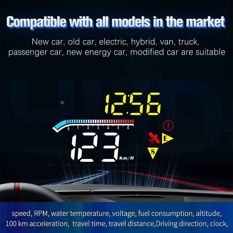 Car HUD head-up display showing yellow speed, 23 and gauge on windshield view