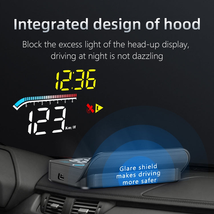 Car HUD head-up display with integrated glare-shield hood and yellow speed digits