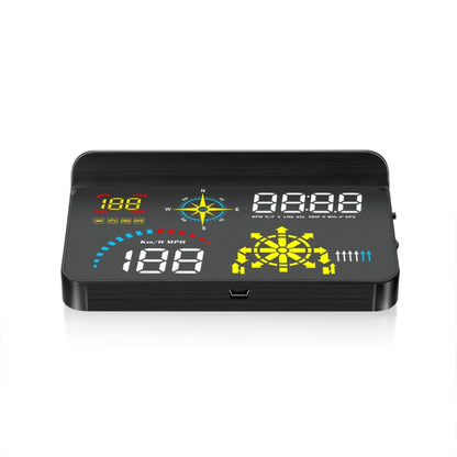 Black car head-up display unit with colorful speed, compass, and gauge readings