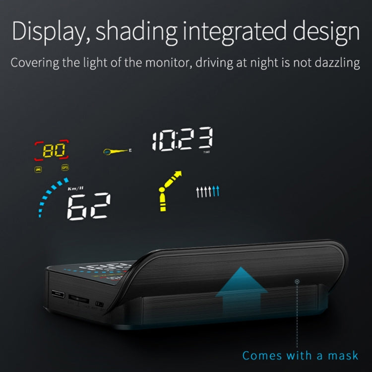 Compact black head-up display with integrated hood and visible multicolor readings