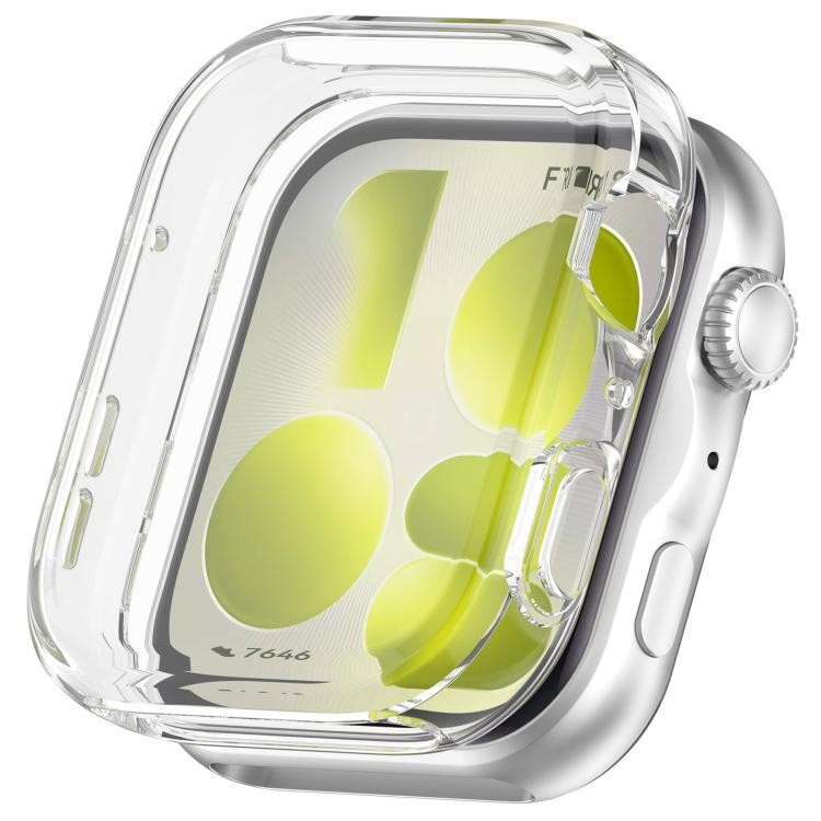 Clear full-coverage TPU watch case fitted over a silver smartwatch