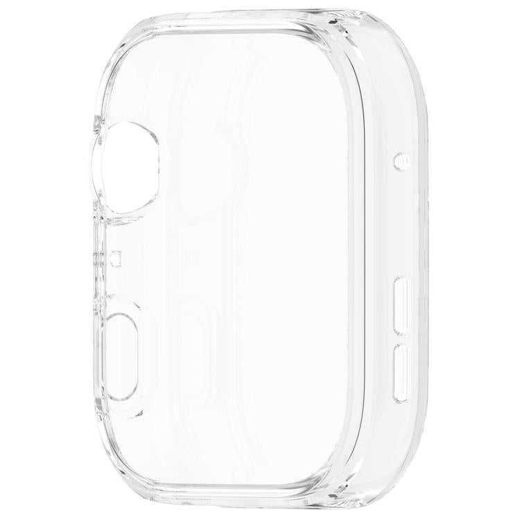 Clear watch case shown from the back, with crown and button cutouts