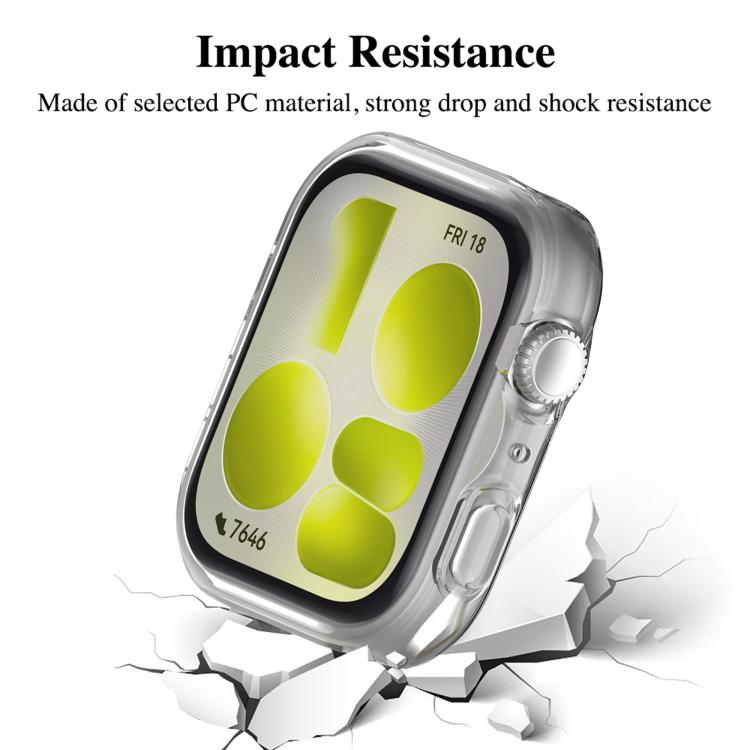 Clear full-coverage watch case fitted on a smartwatch, with raised protective edges