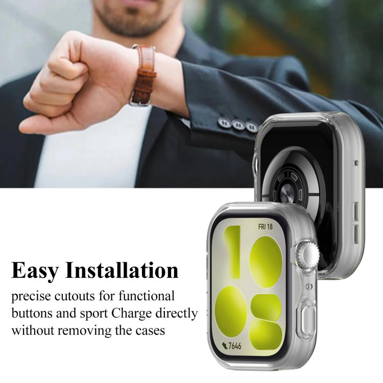 Clear watch case shown fitted on a smartwatch, with cutouts for buttons and charging