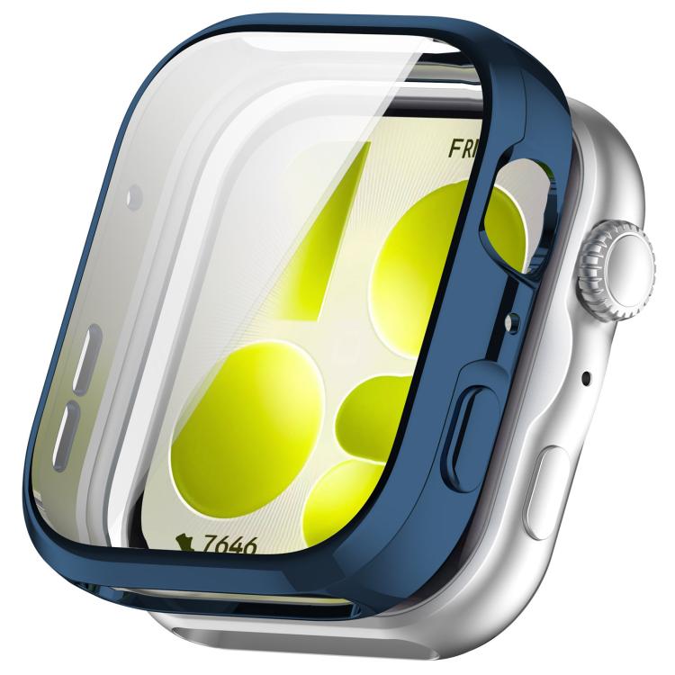 Full-coverage watch case with a dark blue frame, shown fitted on a watch