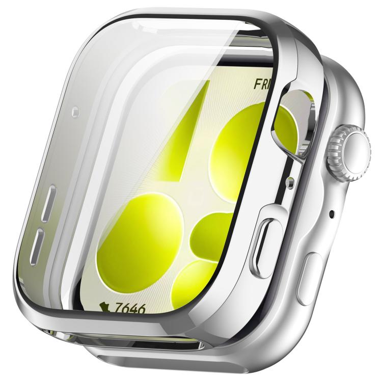 Full-coverage watch case with a silver frame and dark inner trim, fitted on a watch